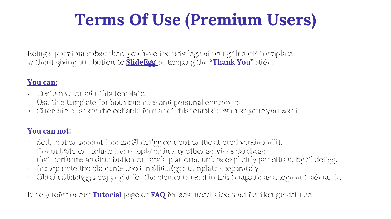 A slide outlining the terms of use for premium users, with details on customizing templates on a white backdrop.