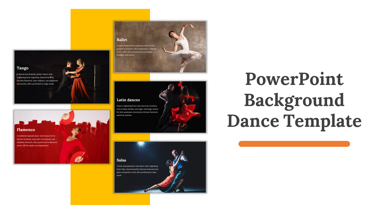 Dance-focused slide deck with elegant and dynamic backgrounds, covering multiple dance types.