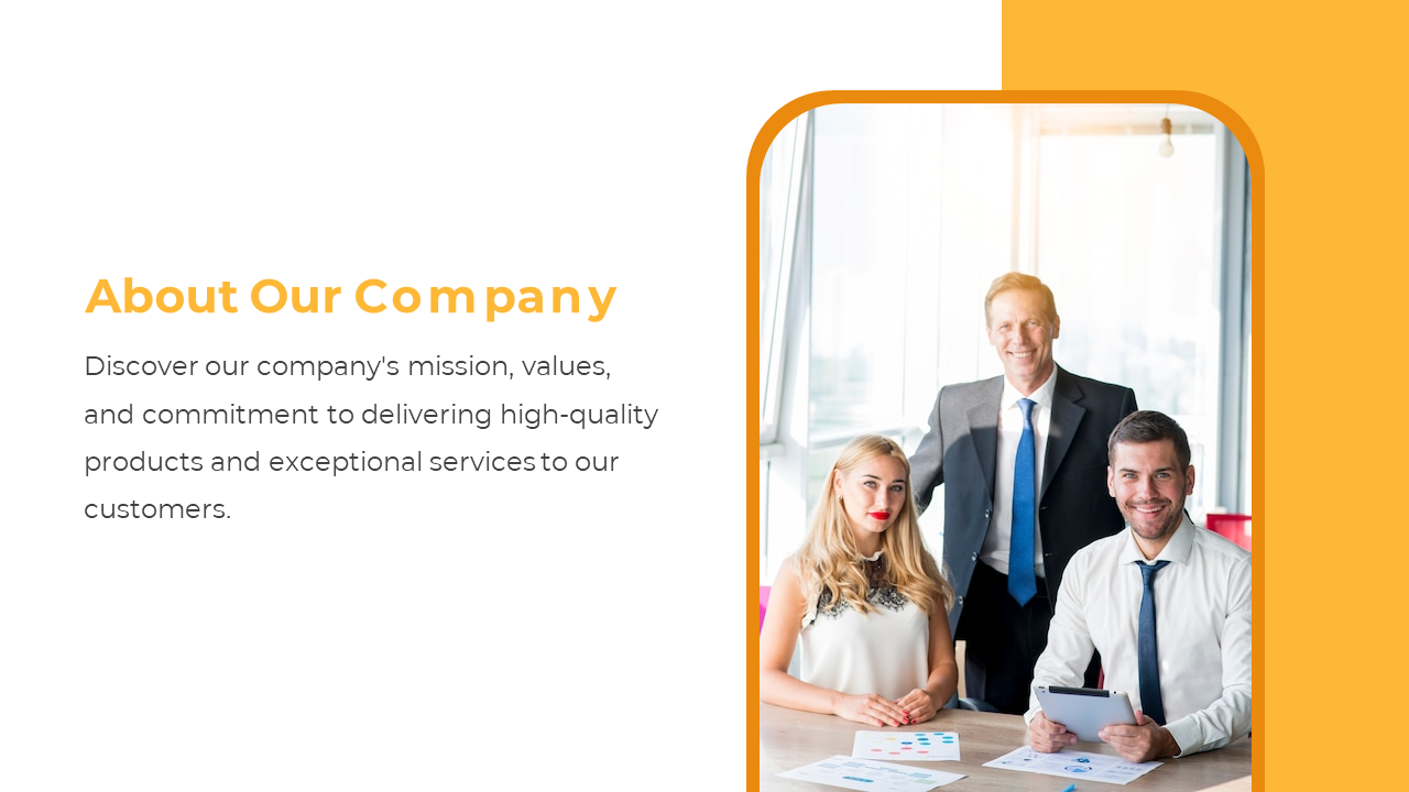 A team of three professionals in a bright office setting, representing a company on a yellow and white backdrop.