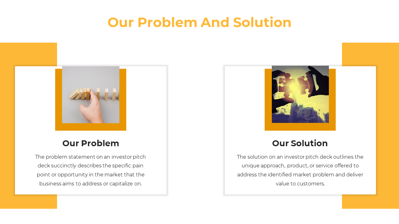 A slide presenting the problem and solution in an investor pitch deck, with images of a falling domino and puzzle pieces.