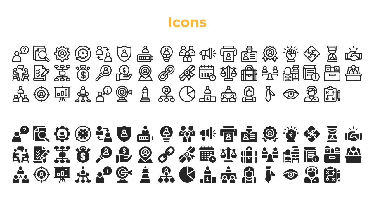 A collection of various business, leadership, and process related icons, including people, charts, gears, and legal symbols.
