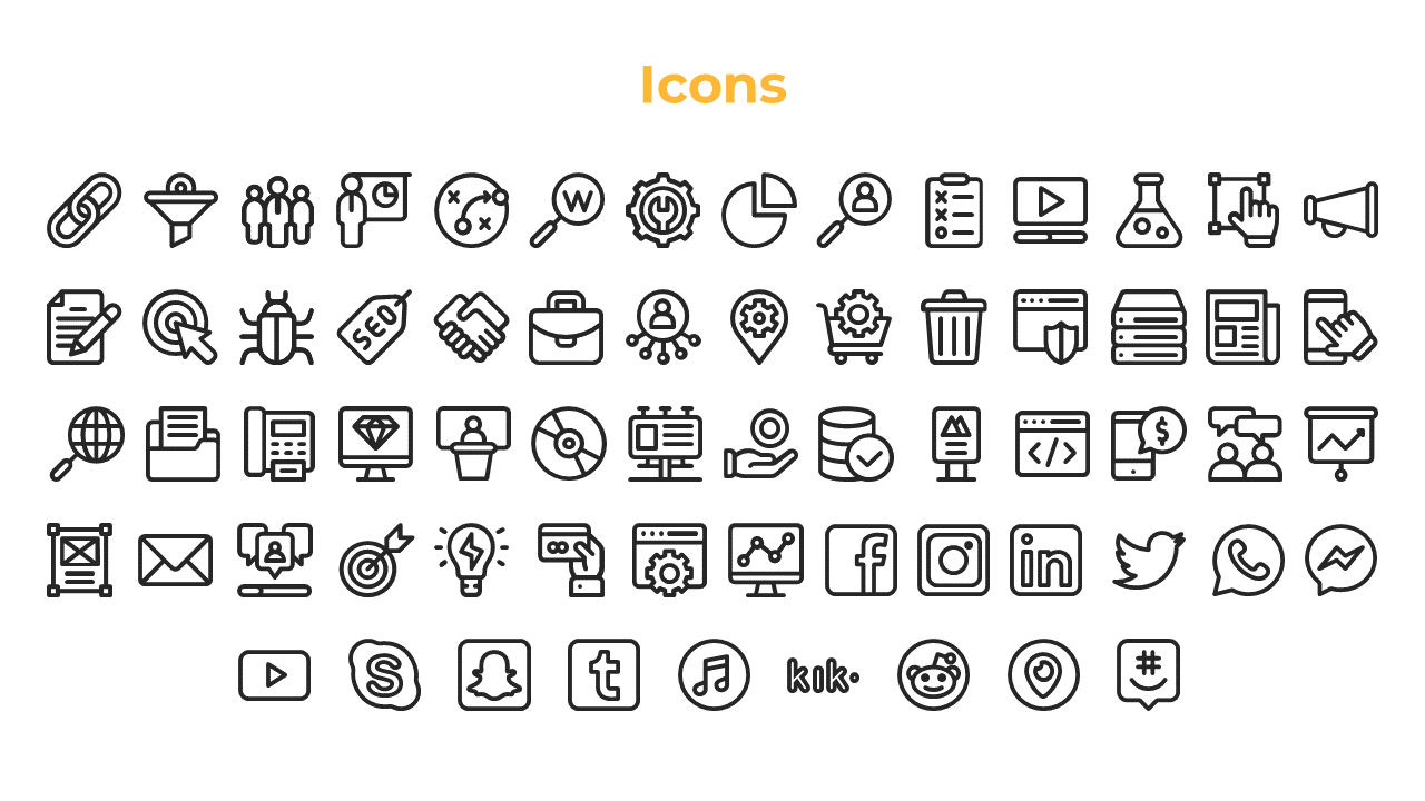 A collection of diverse icons, including links, social media platforms, business tools, and technology related symbols.