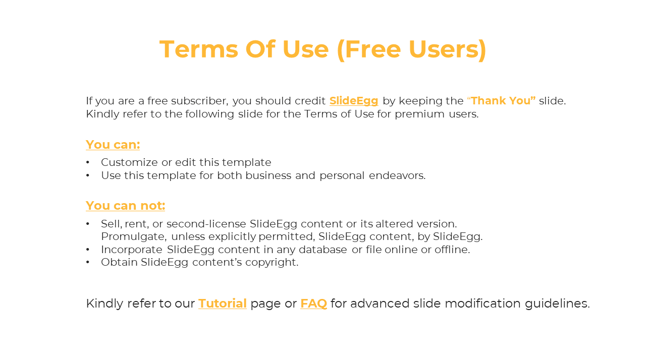 A slide outlining the terms of use for free users of SlideEgg, detailing what can and cannot be done with templates.