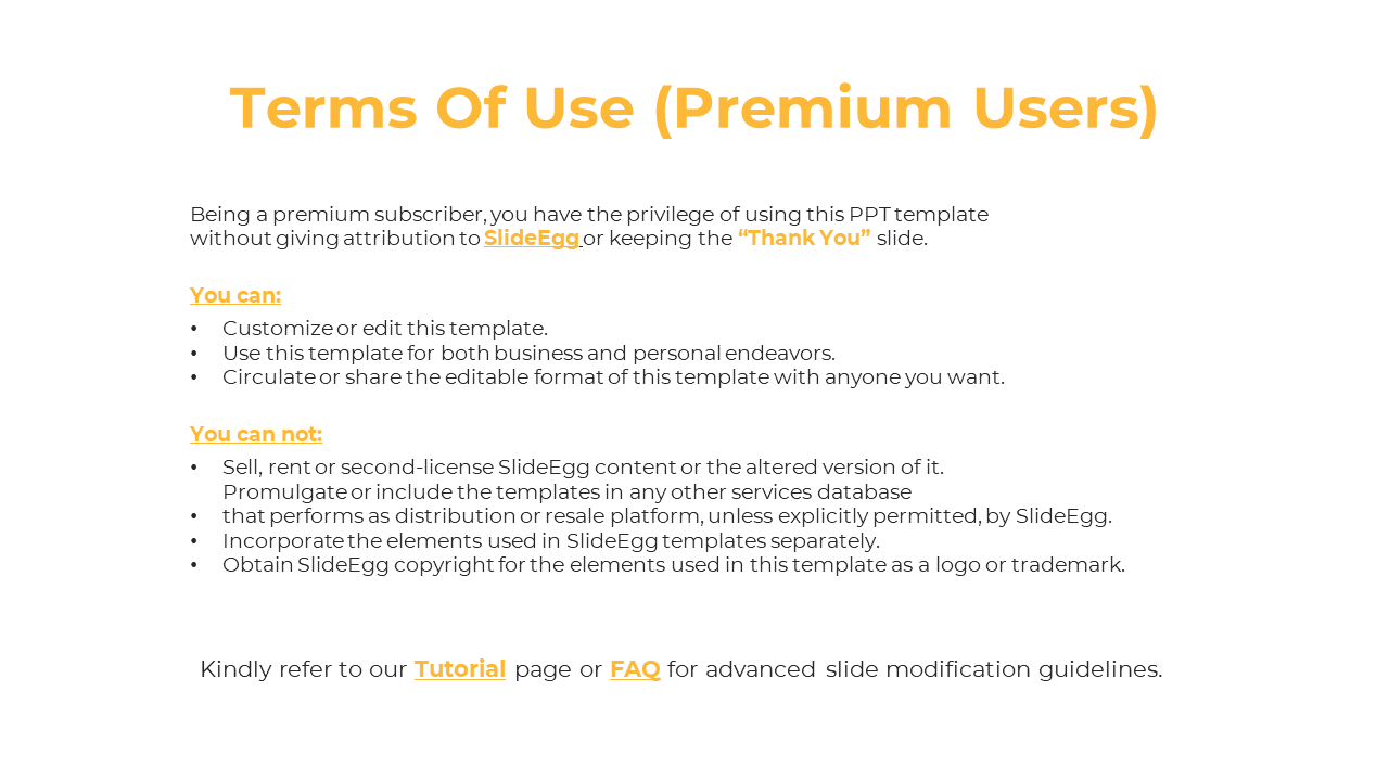 A guide for premium subscribers of SlideEgg, explaining the usage rights to customize and share on a white backdrop.