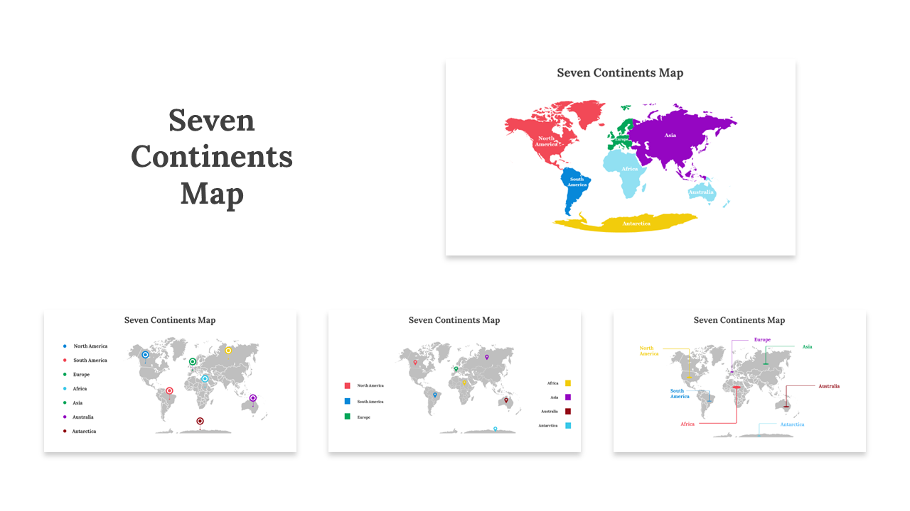 Slide deck featuring maps of the seven continents highlighted in a different bright color for distinction.