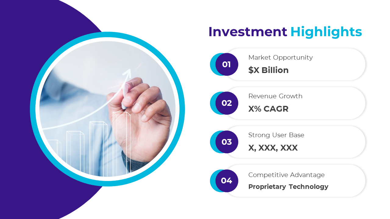 A slide featuring key investment highlights with a graphical representation of growth on a white and purple backdrop.