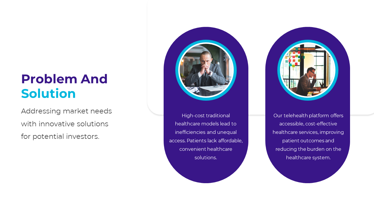 A slide outlining the problem and solution for investors with two blue colored sections on a white backdrop.