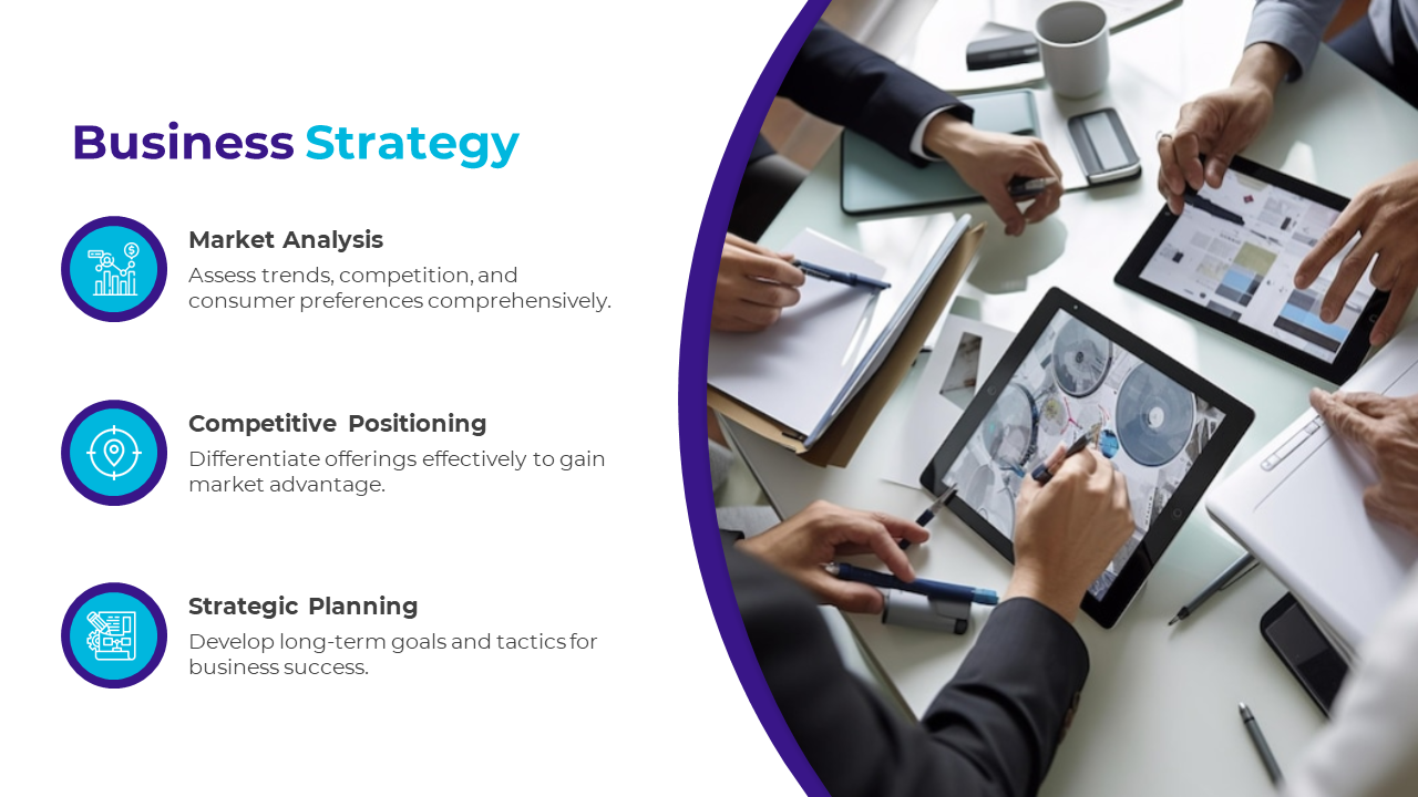 Business strategy slide showcasing three key points with blue icons featuring a team discussing in tablets with descriptions.