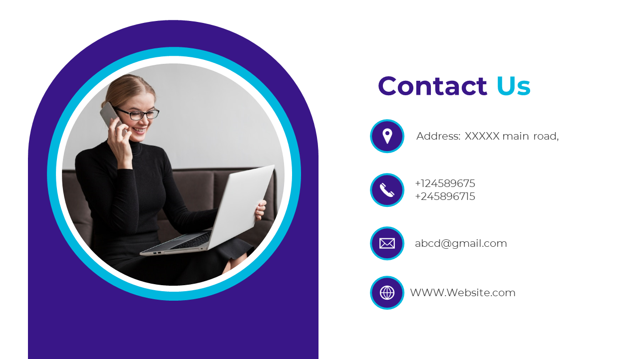 A slide showing contact information with a professional woman using a laptop and phone alongside address, phone, and details.