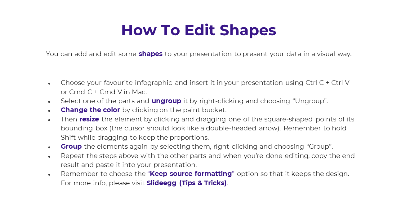 A tutorial slide explaining how to edit shapes in a presentation, with steps for ungrouping, resizing, and grouping elements.