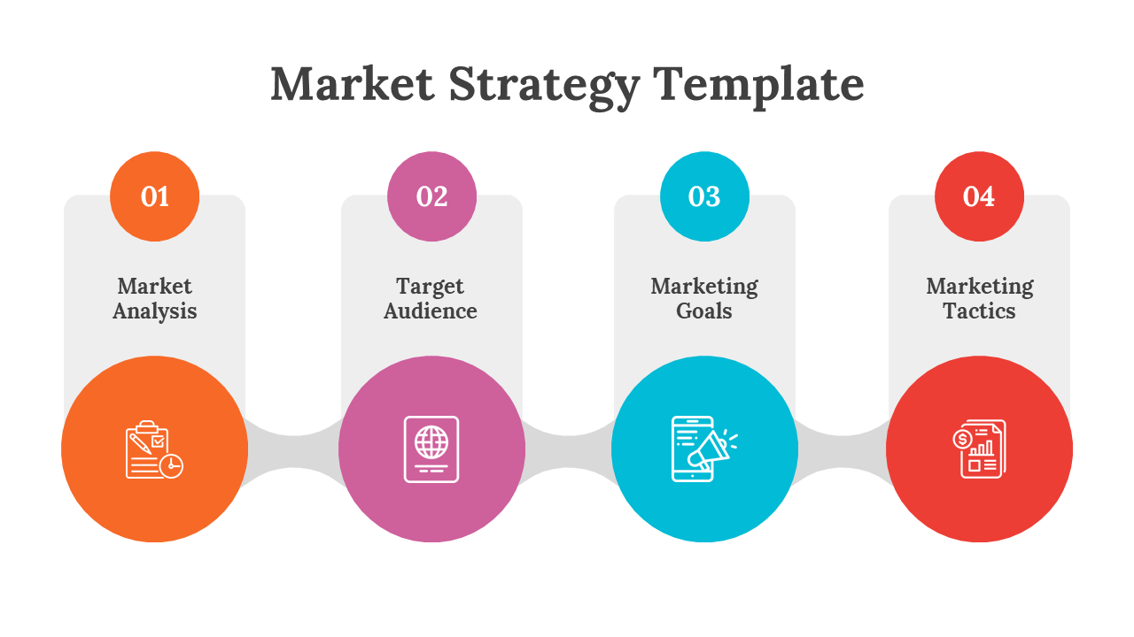 A market strategy PPT slide featuring four key components from market analysis to marketing tactics with colorful icons.