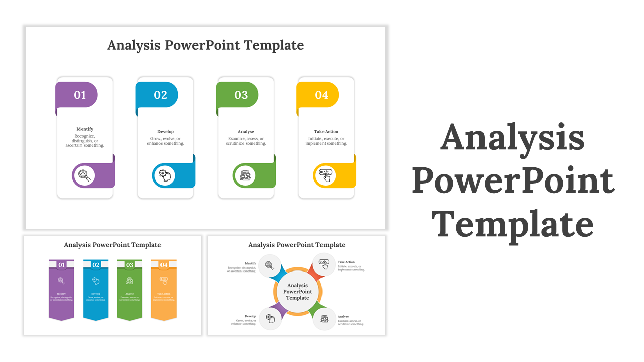 Analysis PowerPoint template featuring four colorful steps in different layout designs and icons with descriptions.