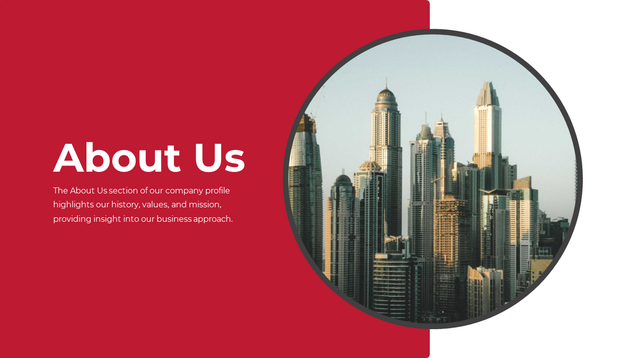 About Us slide with a circular image of a city skyline and red background, describing the company's history.