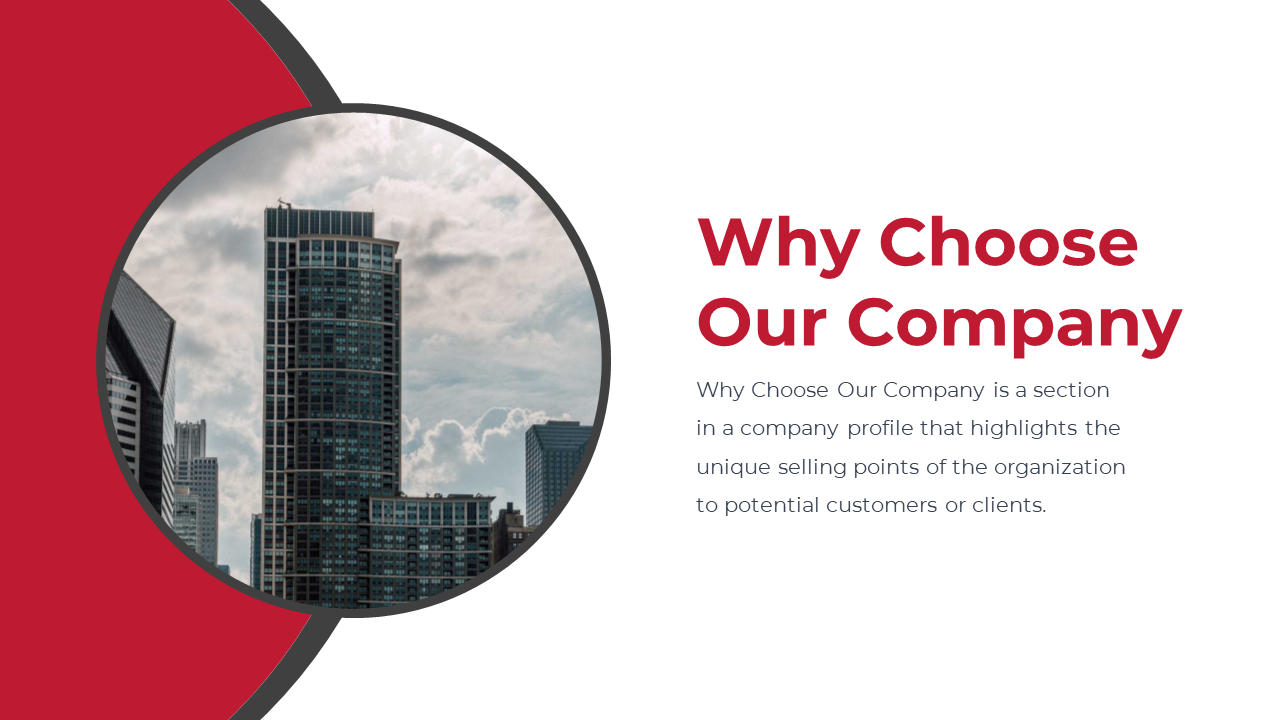 Why choose our company PPT slide with an image of a city skyline on a red and white backdrop with description.