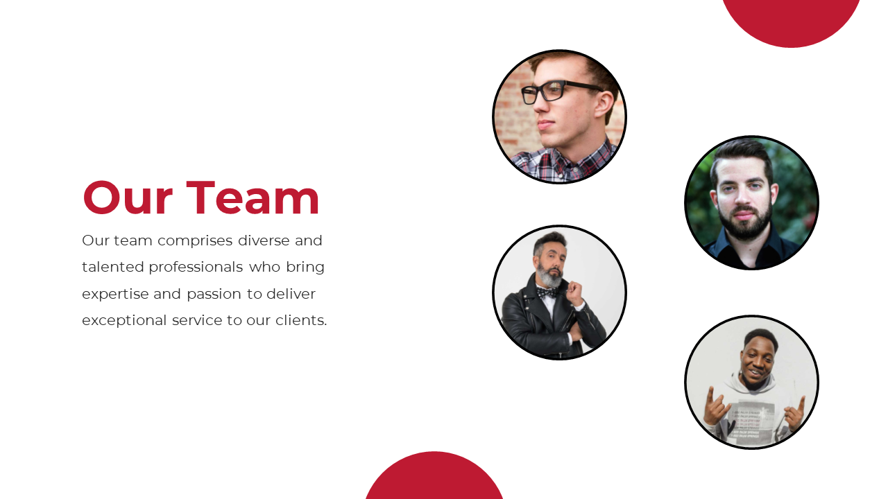 A slide introducing the company's team with professional photos of four diverse team members on a white backdrop.