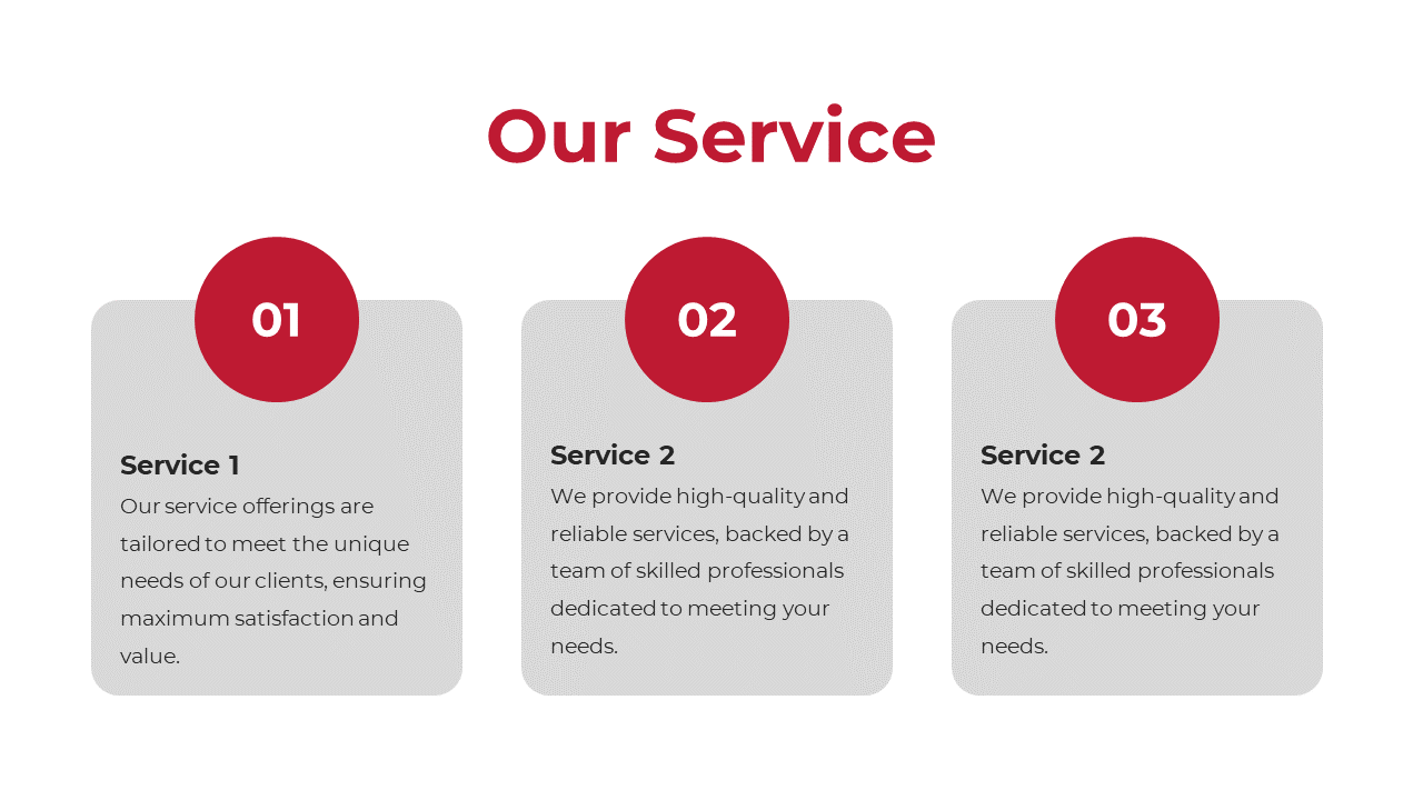 A slide presenting three distinct services with descriptions on a white backdrop with red numbered circles.