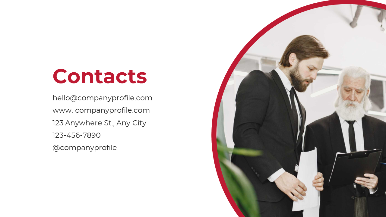 Contacts slide displaying company information, including email, and social media handle, with a photo of two professionals.