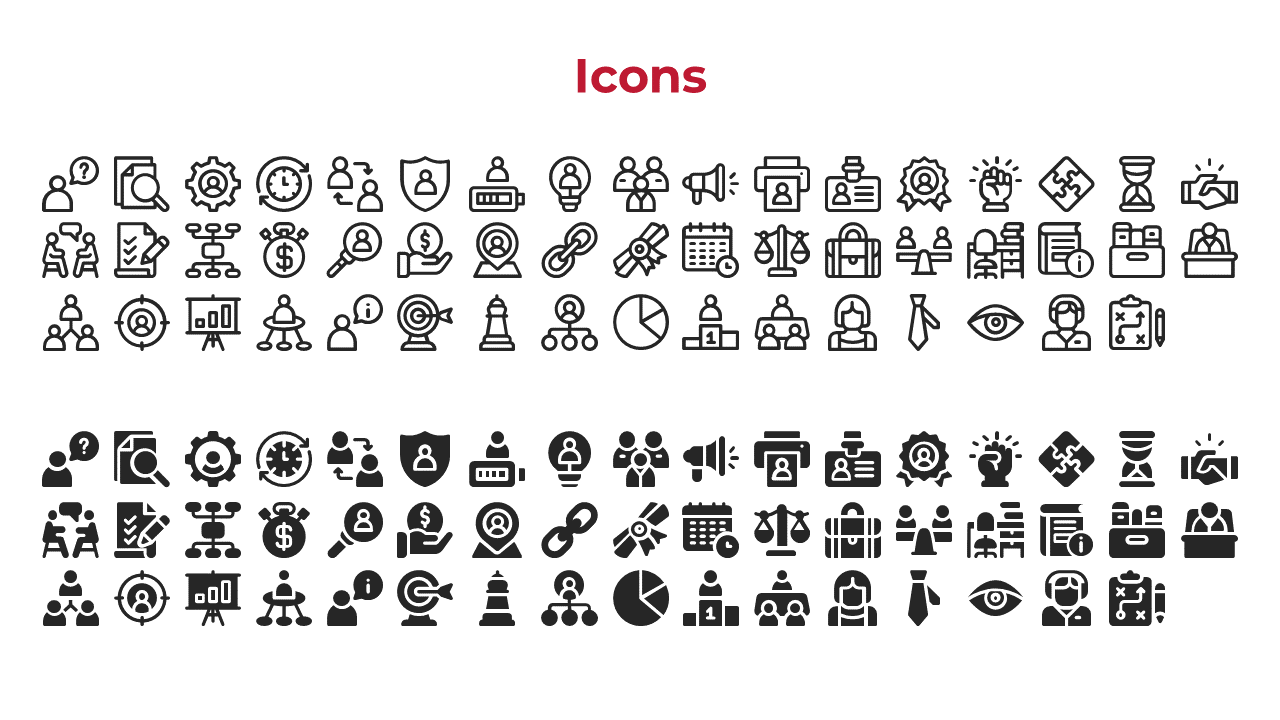 A collection of various business and office related icons, including a magnifying glass, gears, pie chart, people, and more.