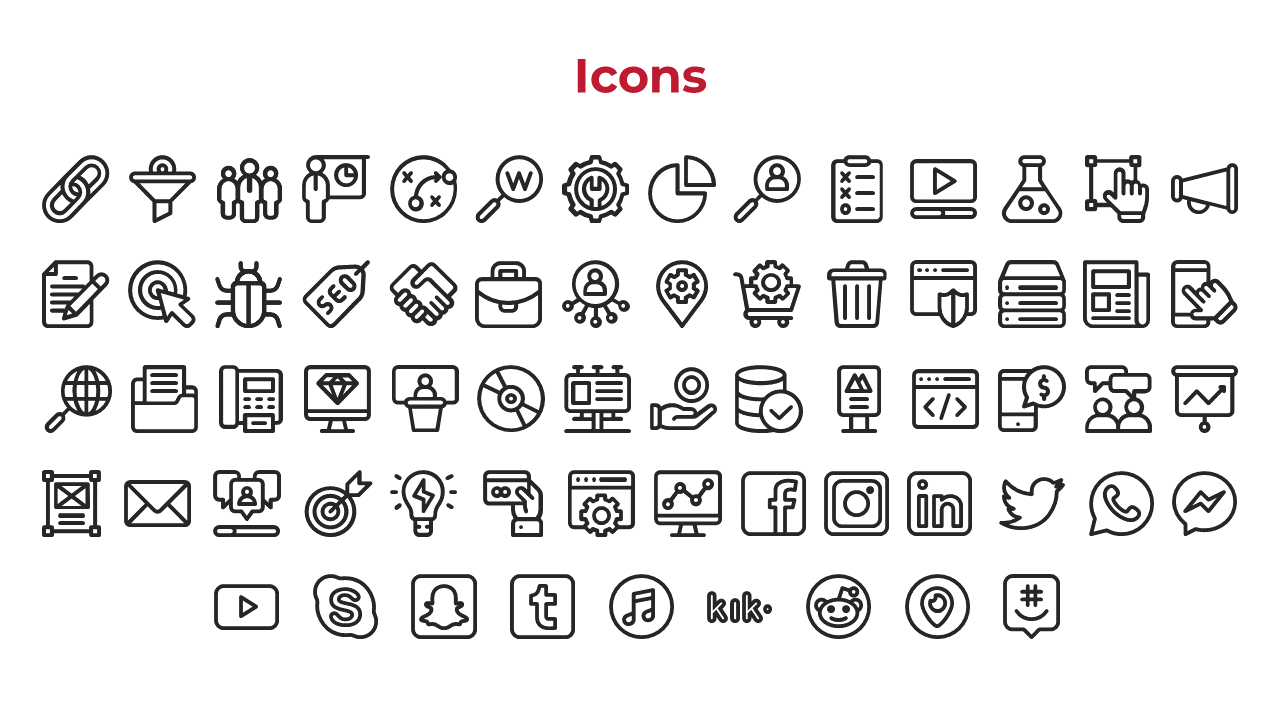 A wide array of business and tech related icons, including social media, tools, charts, and various digital symbols.