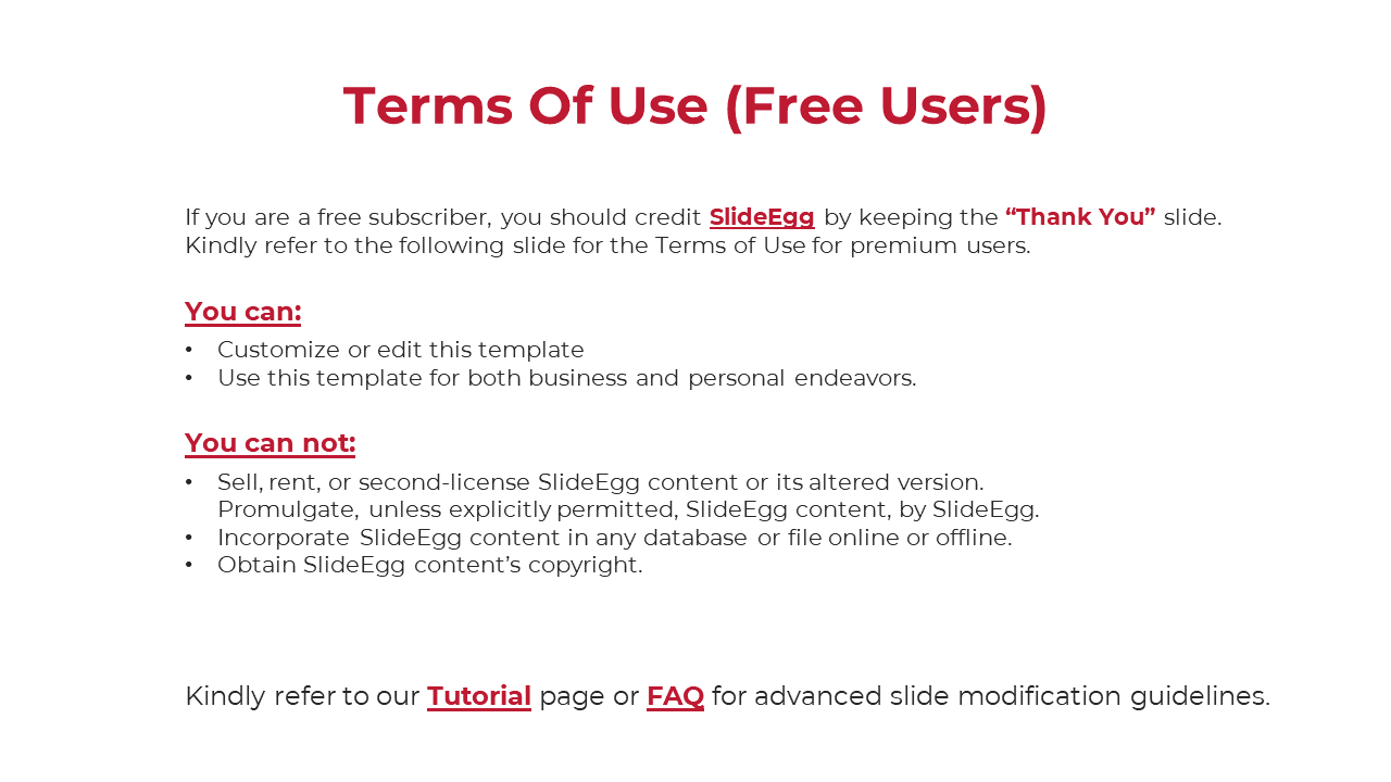 Terms for free users of SlideEgg template outlining allowed and prohibited actions such as selling or redistributing content.