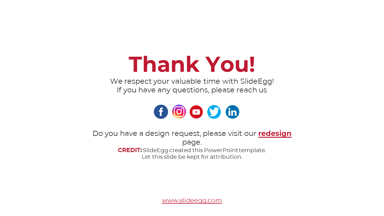 Thank you slide from SlideEgg showing offering contact information via social media and a redesign page link on white theme.