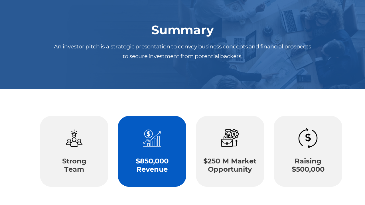 A professional investor pitch summary slide showing key facts with icons on a blue and white backdrop.