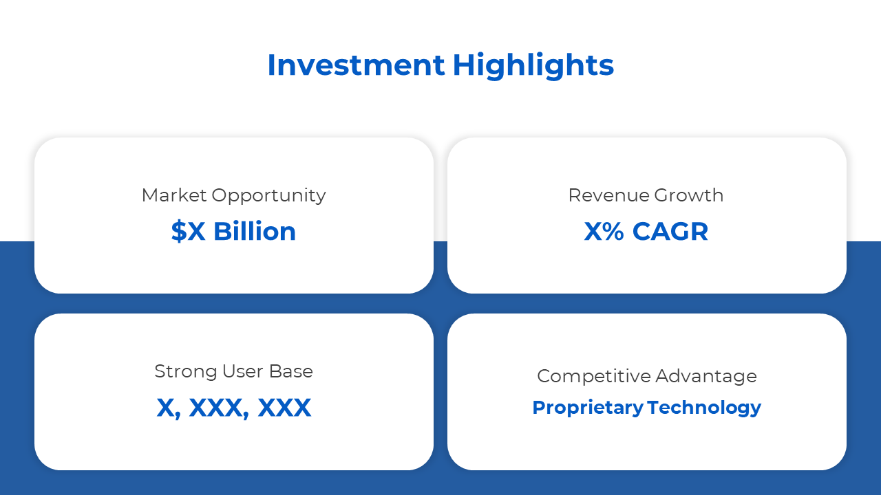 A slide showcasing investment highlights with details on a white and blue backdrop.