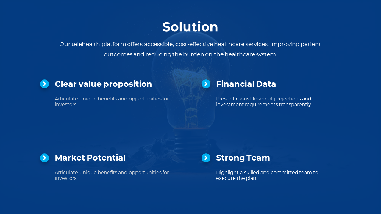 A solution slide showcasing a telehealth platform offering accessible healthcare services, with four points on a blue theme.