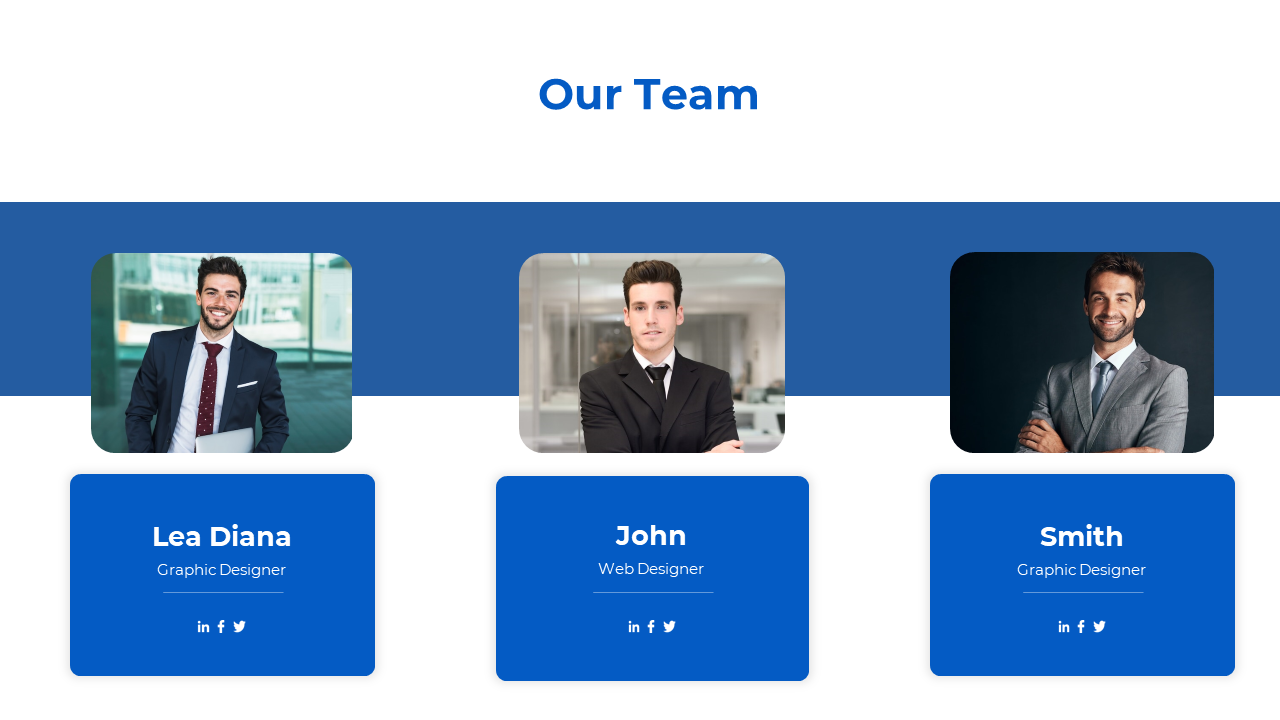 Team members slide showcasing their respective roles as graphics with social media links on a white and blue backdrop.