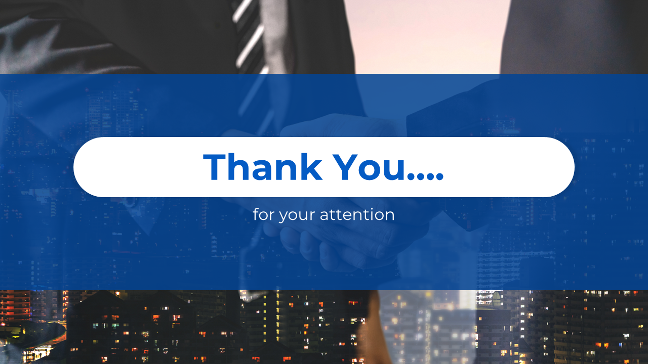 Gratitude message on a business presentation slide, featuring a handshake and cityscape background on a blue theme.