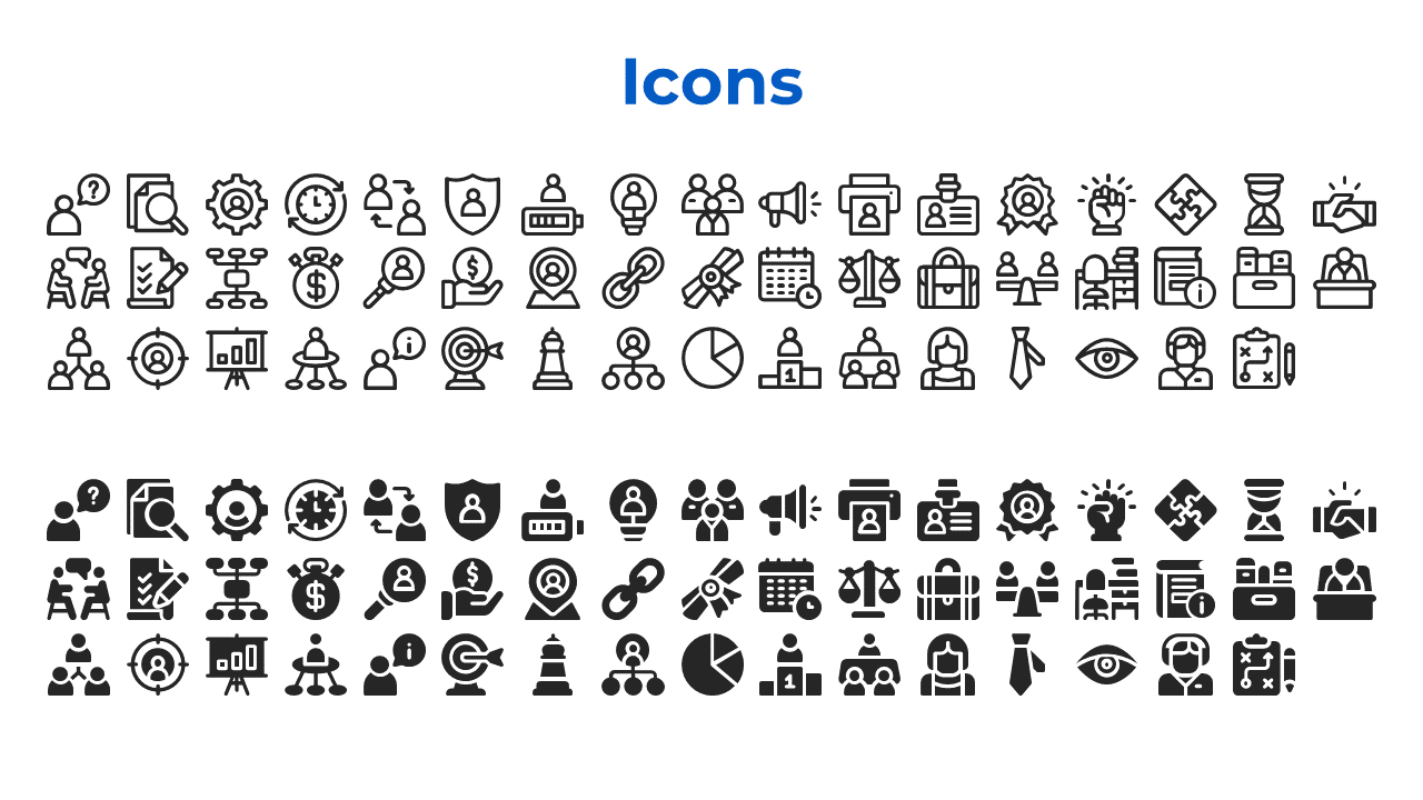 A collection of black and white business icons, featuring elements like people, gears, dollar signs, and charts.