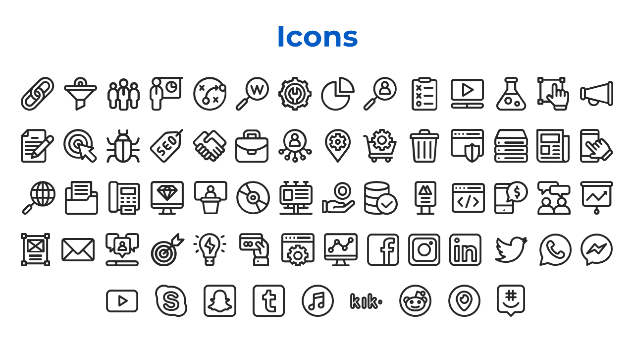 A collection of business, technology, and social media related icons, such as links, magnifying glasses and social platforms.