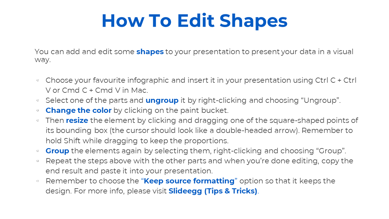 A step by step guide on how to edit shapes in a PPT presentation, including instructions on ungrouping, and changing colors.