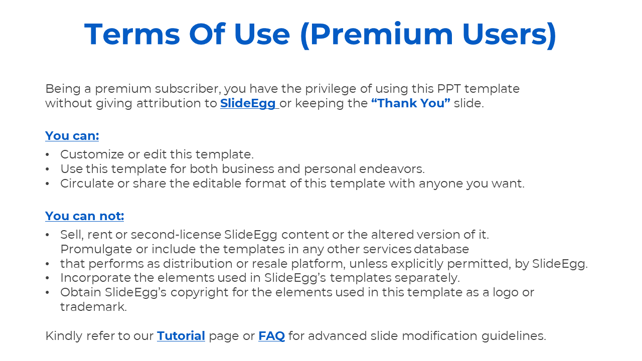 Terms of use for premium subscribers, outlining the rights to use the template without attribution on a white backdrop.