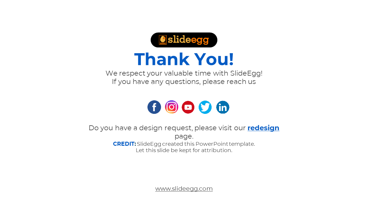 Thank you slide, featuring social media links and a reminder to keep the attribution for SlideEgg’s PowerPoint template.
