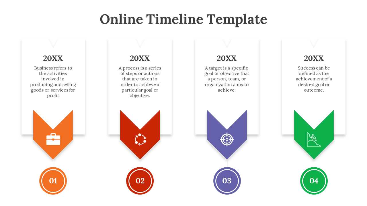 An illustration of various colorful online timeline slides showcasing different stages and years in different layout designs.