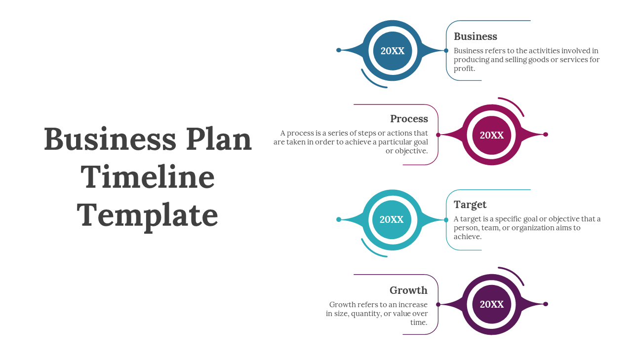 A business plan timeline template featuring colorful circular icons with placeholder years on a white backdrop.