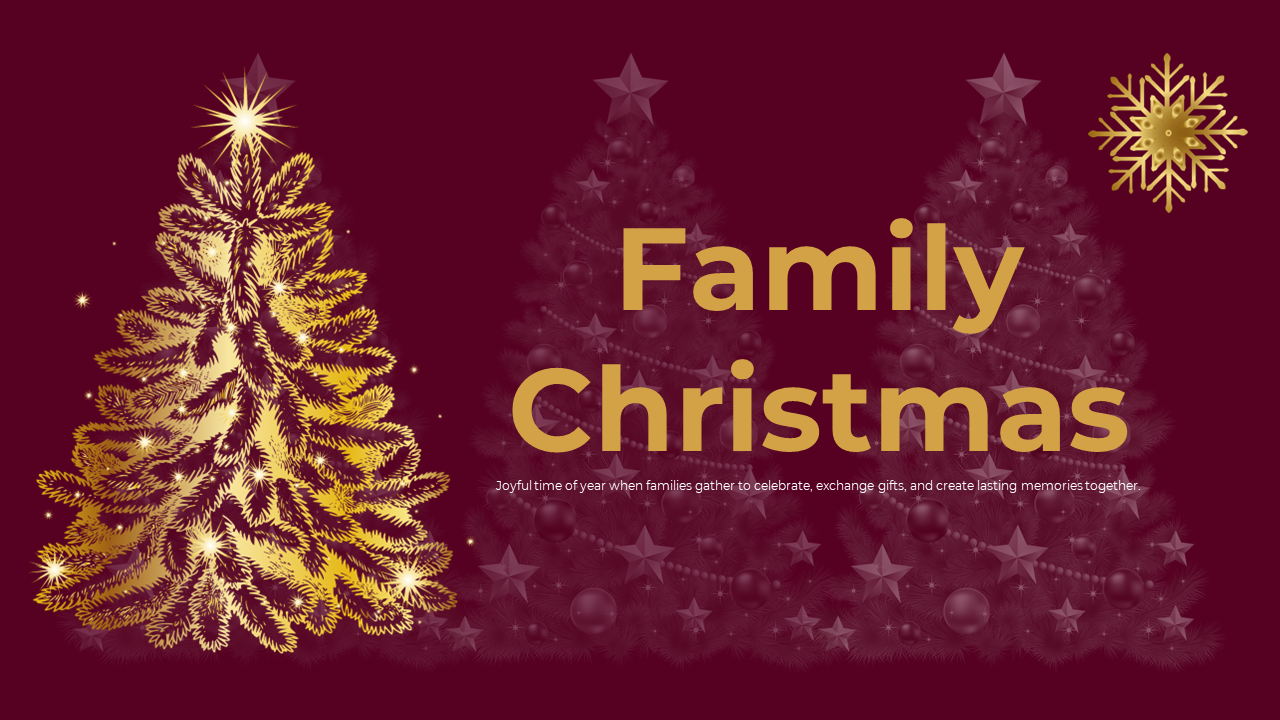 Festive Christmas PPT slides featuring a golden tree design and sections on traditions, recipes, and family celebrations.
