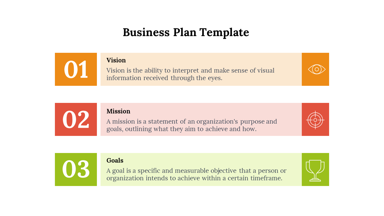 Business plan template showing vision, mission, and goals with descriptions for each section in a colorful layout with icons.