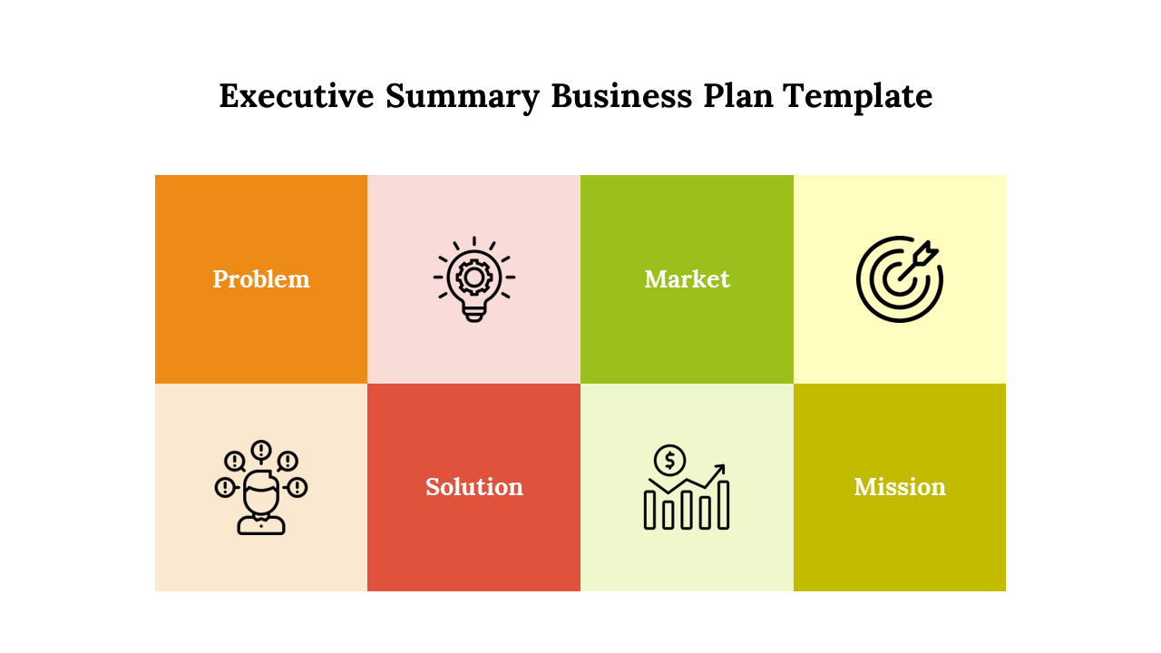 Colorful executive summary business plan template with eight sections each with corresponding icons on a white backdrop.