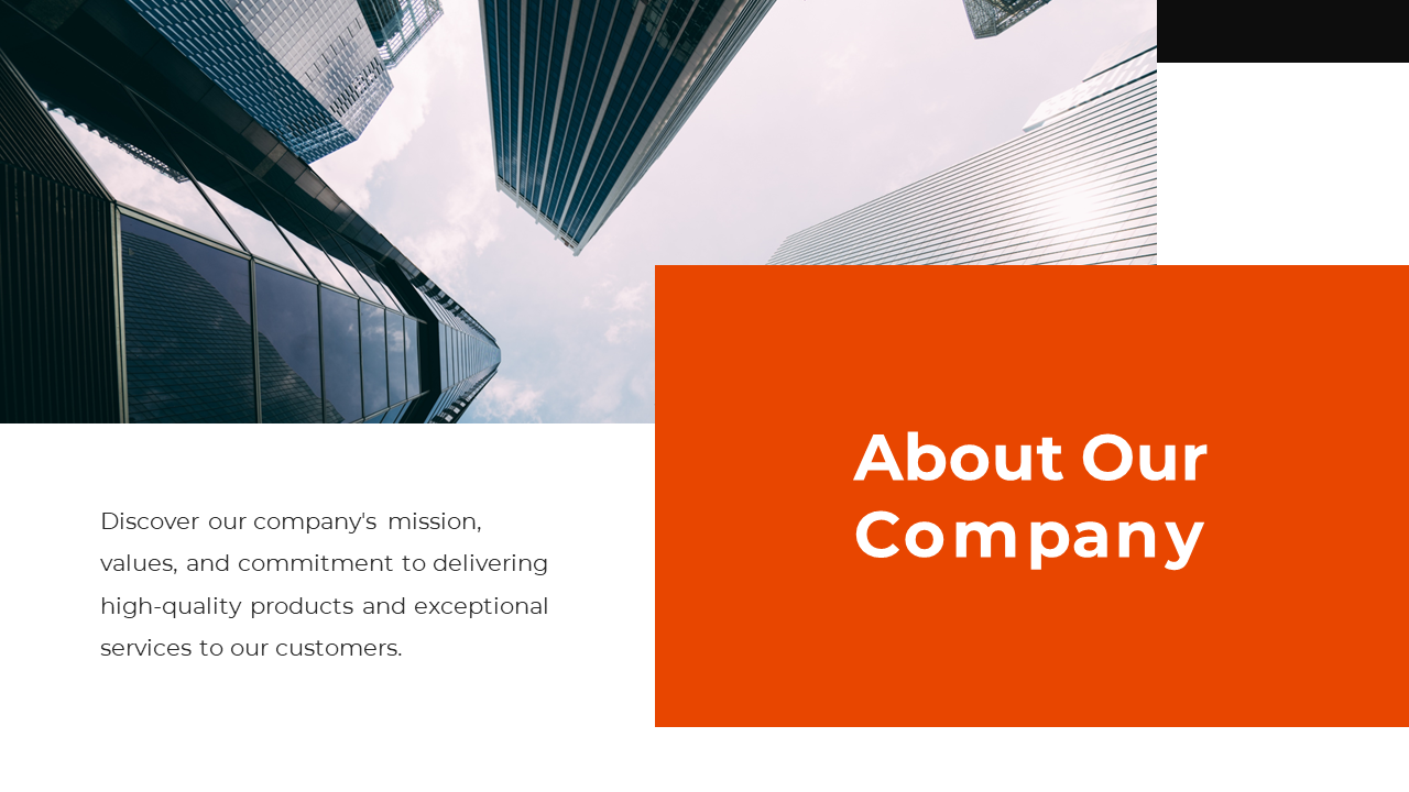 About our company slide featuring a view of tall buildings, with text describing the company’s mission on an orange theme.