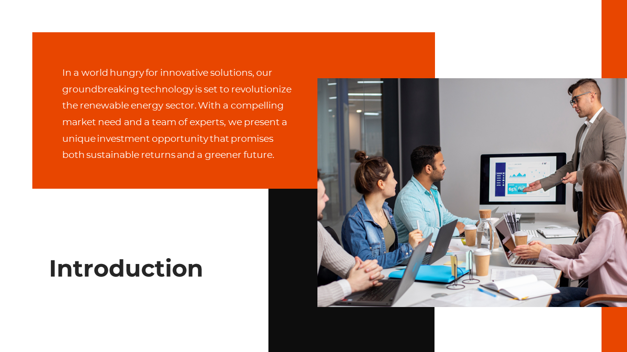 Introduction slide featuring a business team in a meeting, with a presenter explaining data on a screen in orange theme.