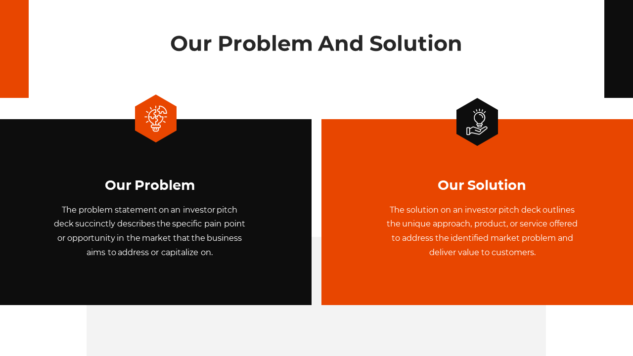Business pitch slide showing problem and solution, highlighting the market challenge on a black and orange theme with icons.