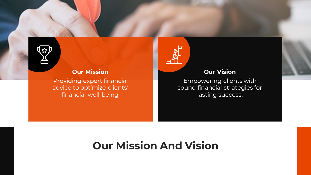 Mission and vision slide showing financial services with two icons in boxes on an orange and black theme.