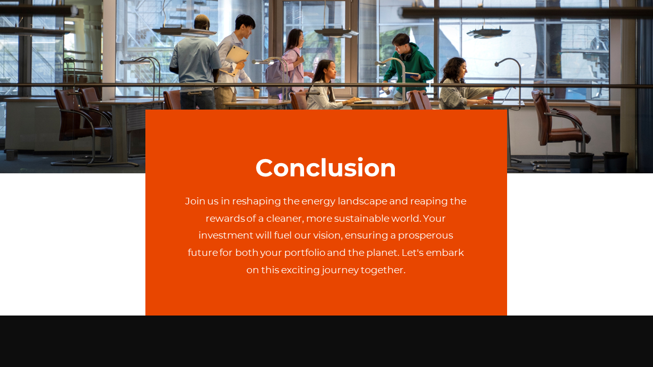 Business meeting with people discussing ideas around a conference table in an office, with an orange conclusion section.