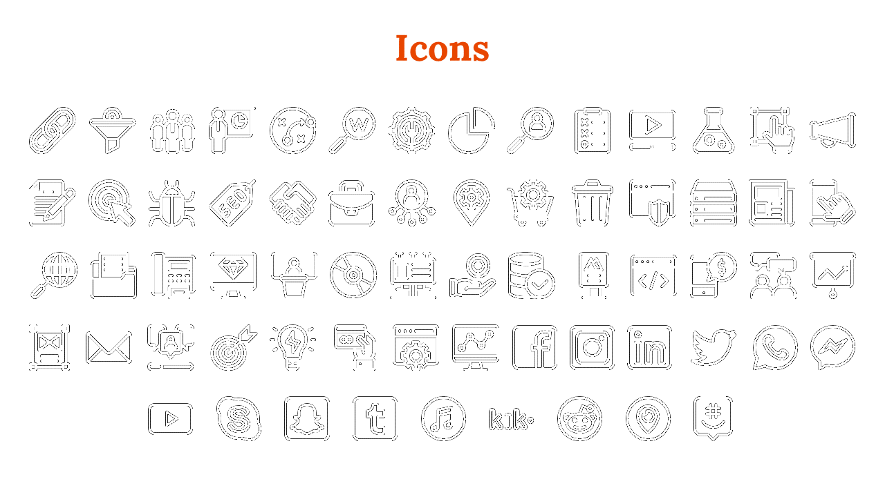Set of icons depicting business, marketing, technology, and communication concepts like SEO, social media, and analytics.