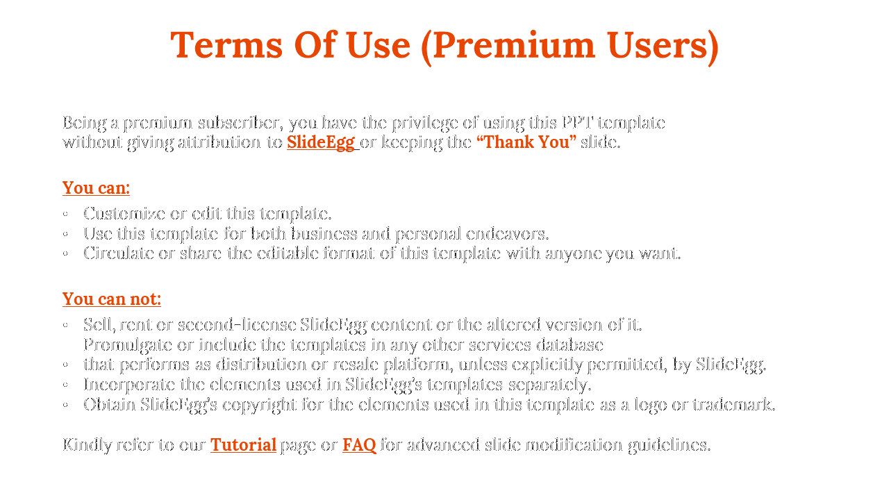 Premium user terms detailing rights to edit share, and circulate SlideEgg templates on a white backdrop with bulleted points.