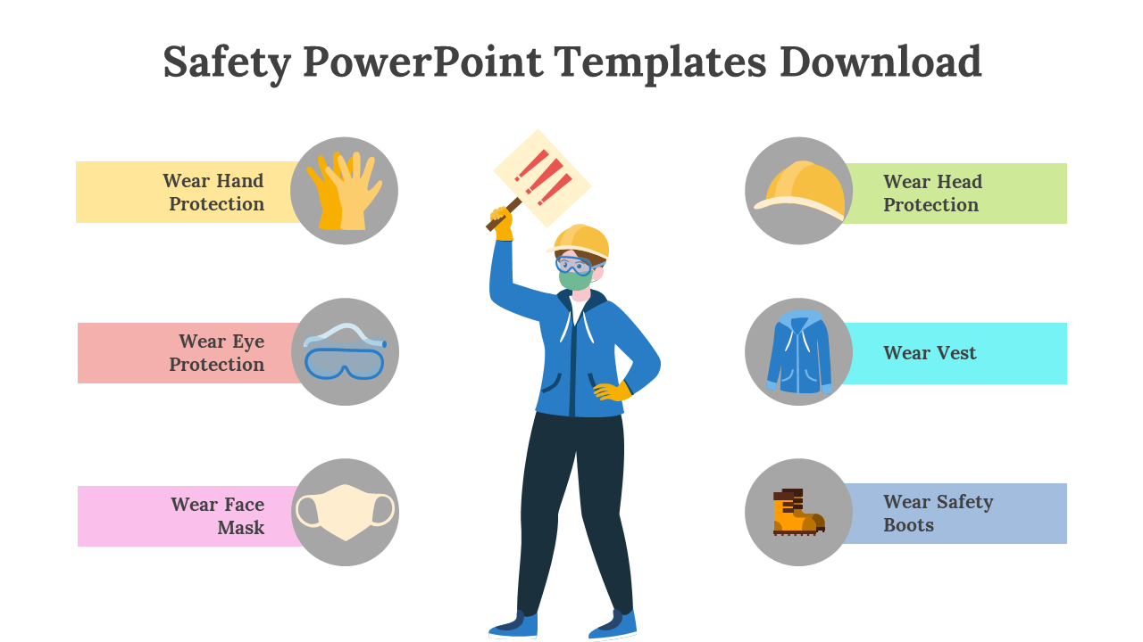 Safety PPT template featuring icons and tips on wearing protective gear including gloves, helmet, mask, vest, and boots.