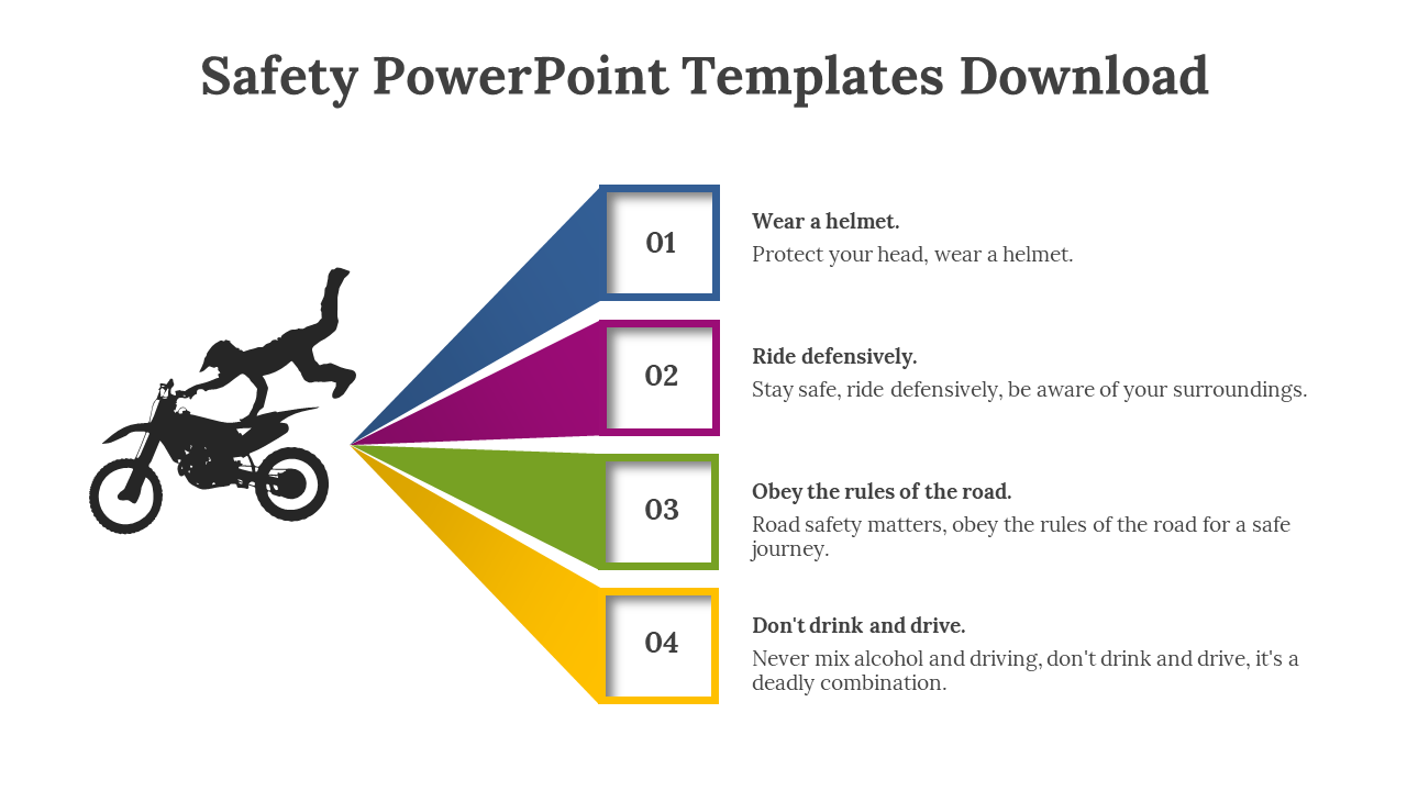 Safety PPT slide with key motorcycle safety tips in color coded sections with descriptions on a white backdrop.