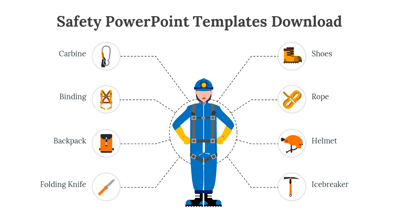 Safety PowerPoint template showing essential safety equipment marked in a human illustration on a white backdrop.